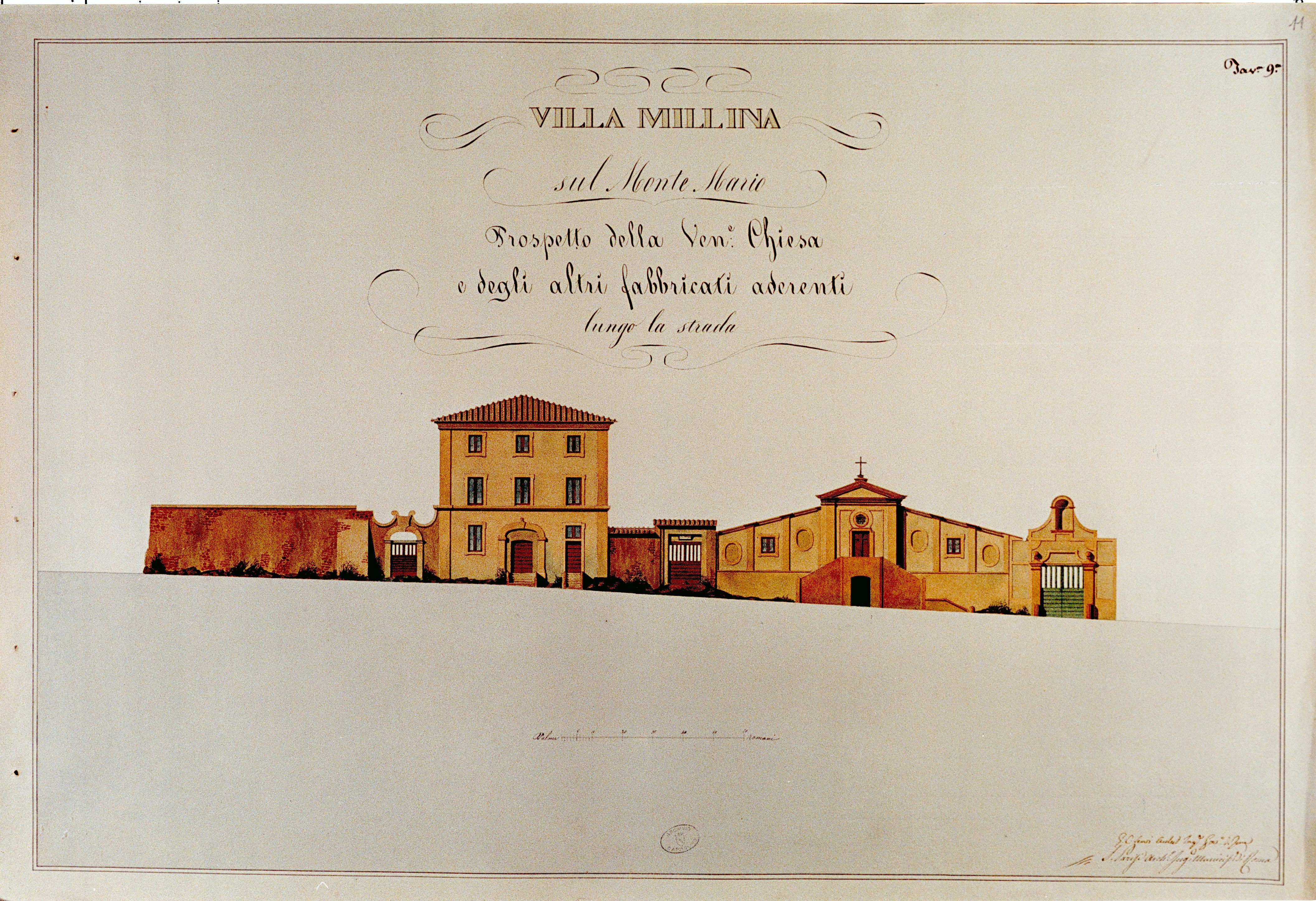 Villa Millina sul Monte Mario - Prospetto della chiesa e degli altri fabbricati aderenti lungo la via Trionfale alla metà dell’Ottocento - disegno acquarellato degli architetti Gaspare Servi e Salvatore Parisi, Archivio Storico Capitolino (Archivio Cardelli)