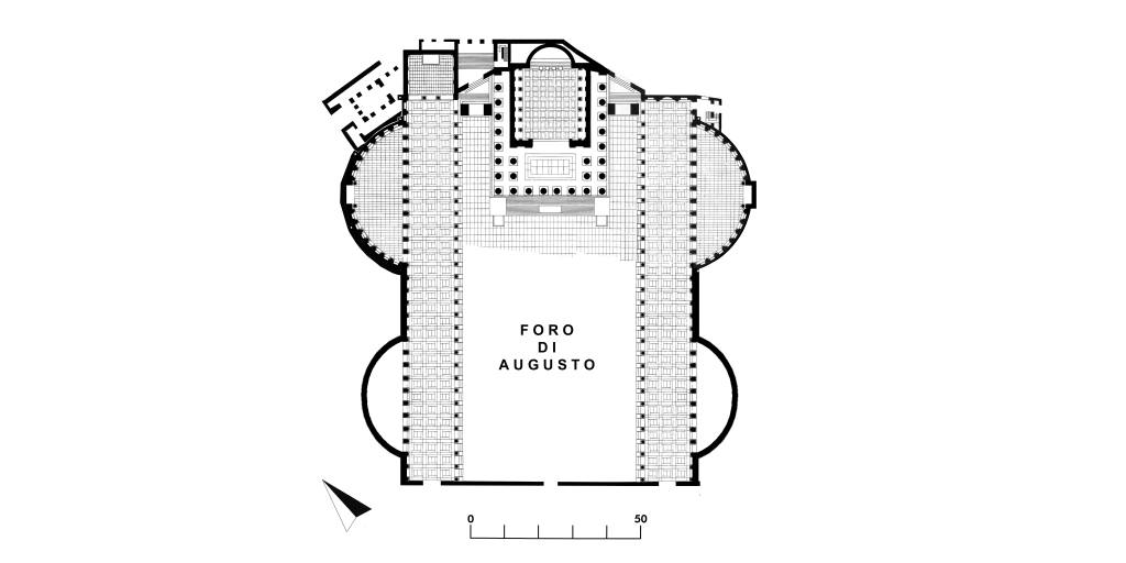 Pianta ricostruttiva fase augustea (le esedre minori sono ipotetiche)