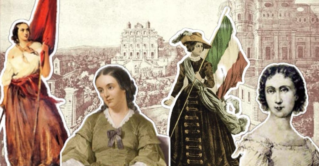 ):  Anita Garibaldi, Margaret Fuller, Cristina Trivulzio di Belgiojoso e  Colomba Antonietti sullo sfondo della Veduta della Villa Giraud detta il Vascello e della Villa Corsini detta il Casino dei Quattro Venti, fuori porta a San Pancrazio, Roma 3 giugno 1849