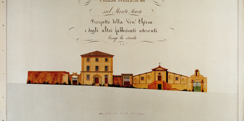 Villa Millina sul Monte Mario - Prospetto della chiesa e degli altri fabbricati aderenti lungo la via Trionfale alla metà dell’Ottocento - disegno acquarellato degli architetti Gaspare Servi e Salvatore Parisi, Archivio Storico Capitolino (Archivio Cardelli)