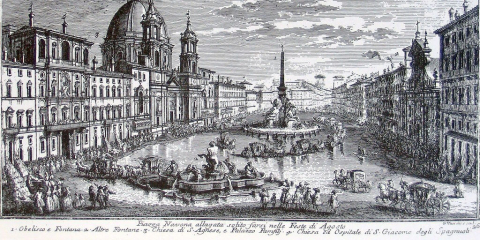 Piazza Navona allagata, con obelisco, Fontane, Chiesa di Sant'Agnese, Chiesa di San Giacomo degli Spagnoli e Palazzo Pamfili