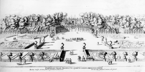 Villa Doria Pamphilj, Giardino del Teatro. Incisione di G. B. Falda e D. Barrière (1653-1659 nel volume Villa Pamphilia). 